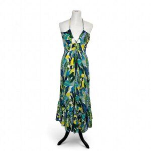 Aerie Tropical Leaf Halter Maxi Dress Blue Green Tassel Womens Medium New